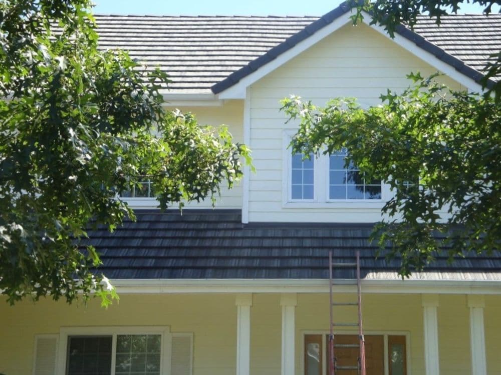Yellow house with a textured roof, framed by green trees and a ladder in view.